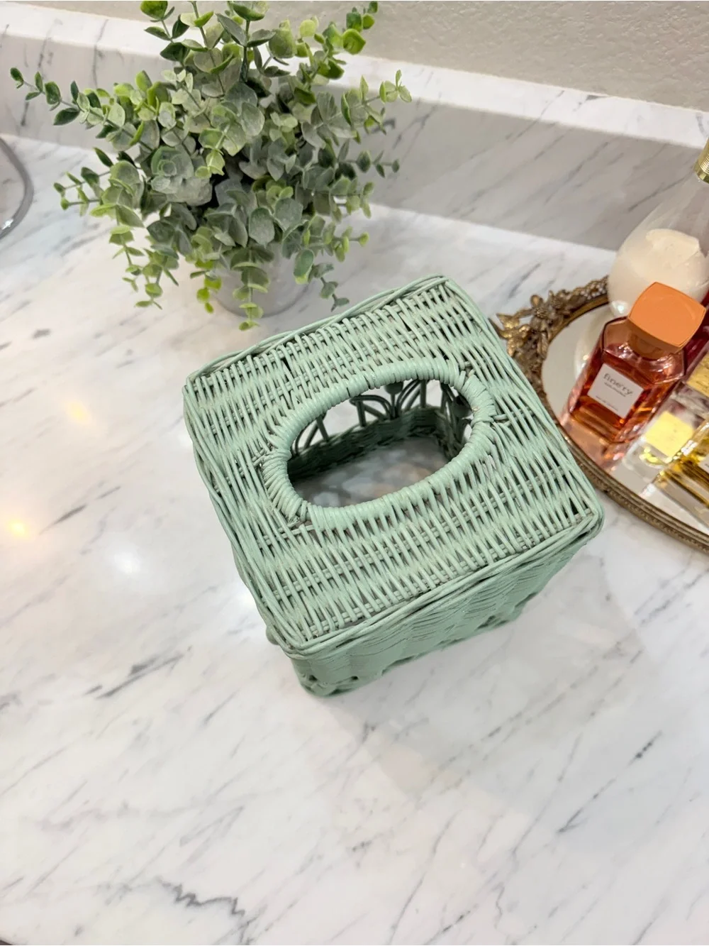 Vintage 1970s Mint Wicker Tissue Box Cover – Boho Handwoven
